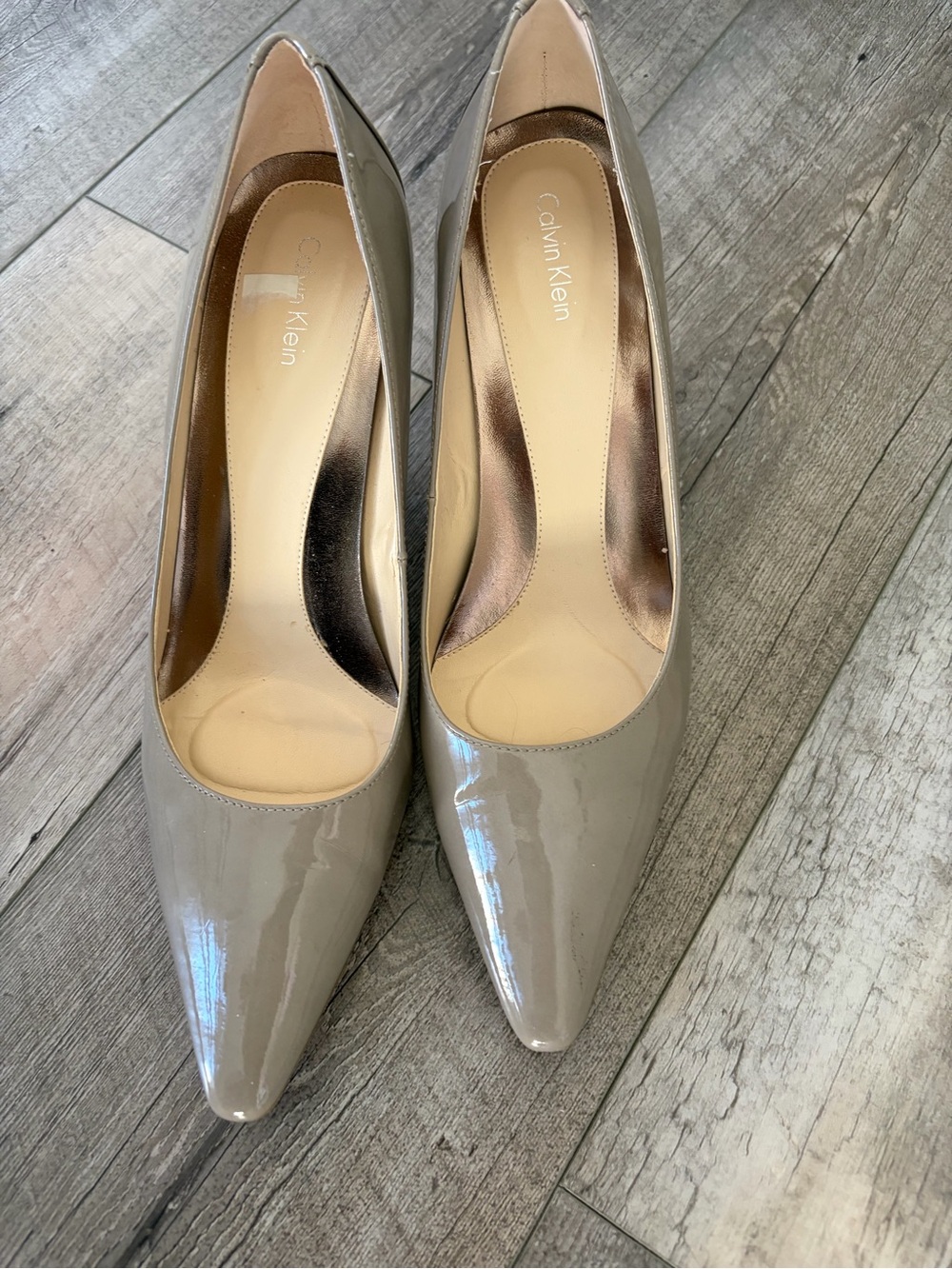 Calvin Klein Glossy Taupe Pointed-Toe Patent Pumps